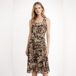Anne Klein 100% Silk Floral Dress Sleeveless Brown Cream Wrap Waist Midi Dress